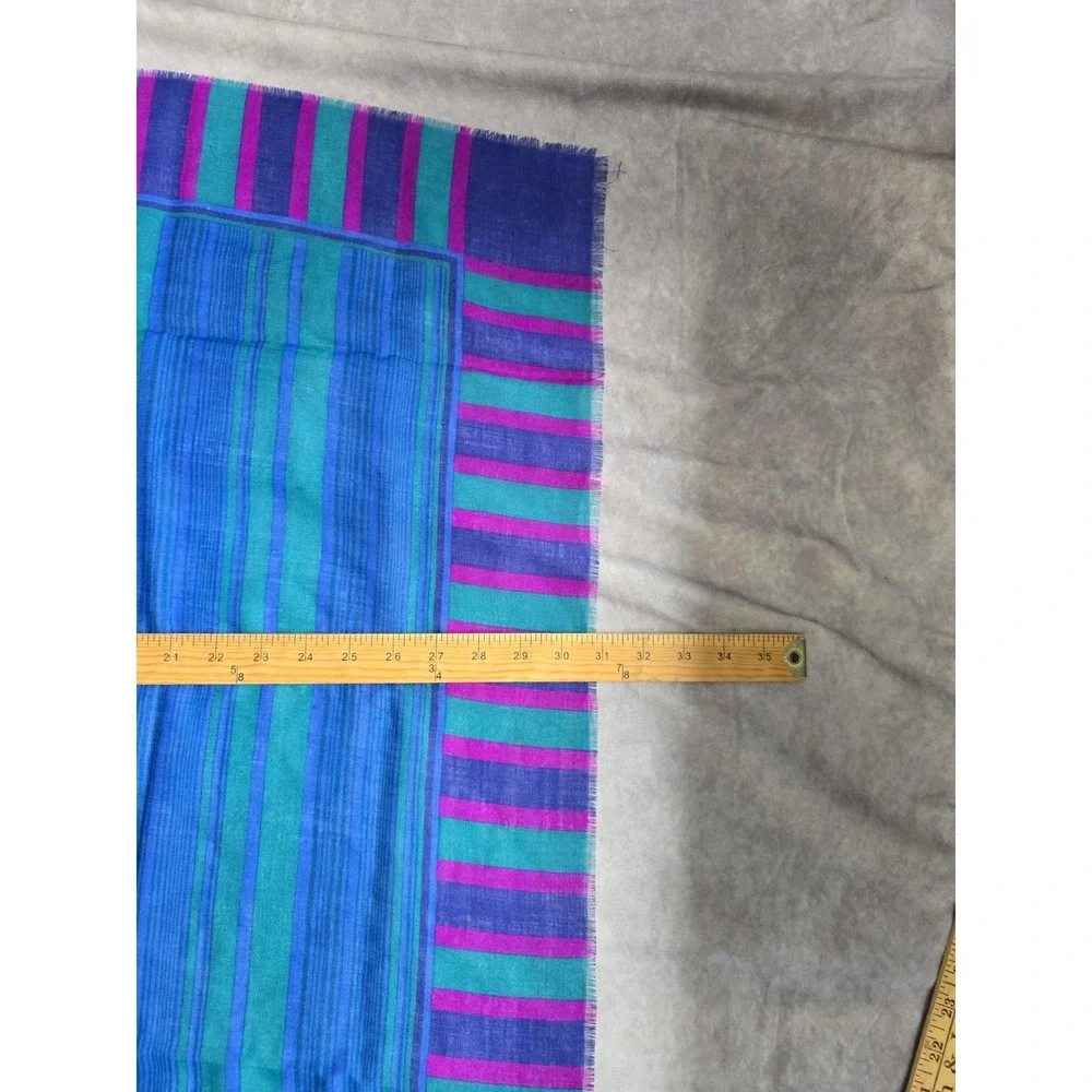 Oscar de la Renta Wool Scarf Square Stripe Teal Blue Purple Japan Fringe VTG Fla